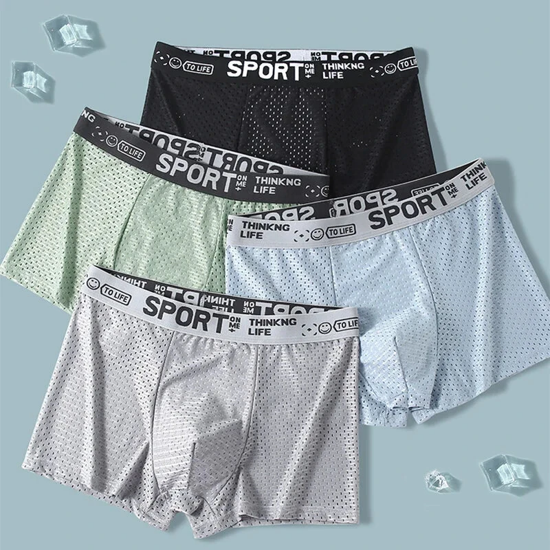 (image for) 4pcs Men's Ice Silk Cool Boxer Briefs, Mesh Breathable Soft Comfy Stretchy Boxer Trunks, Sports Trunks, Multicolor Men's Underwear