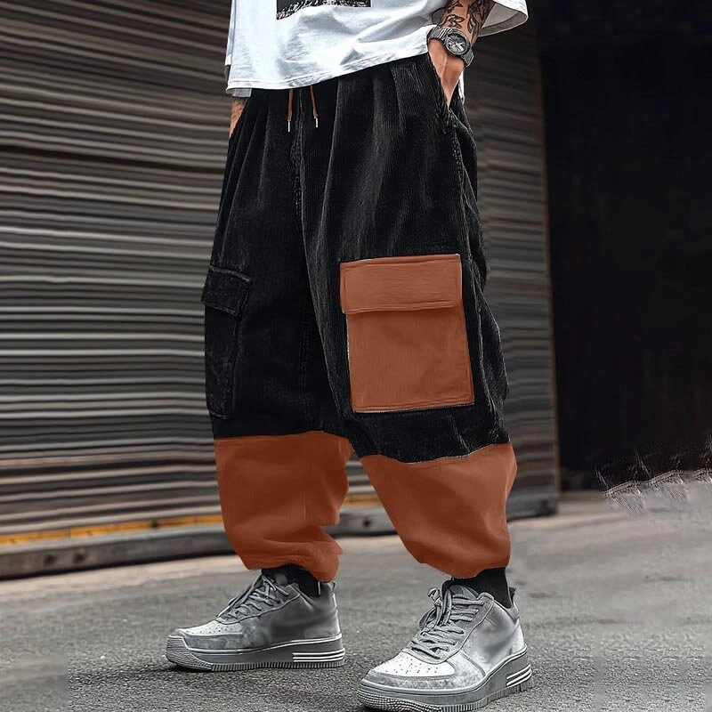 (image for) INCERUN Mens Corduroy Contrast Color Patchwork Casual Pant Comfy Casual Harem Pants Drawstring Elastic Waist Trousers for Male Large Size S-5XL