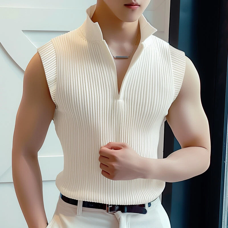 (image for) INCERUN Mens Solid Knit Textured Notched Neck Vest Elastic Sleeveless Tank Top for Male